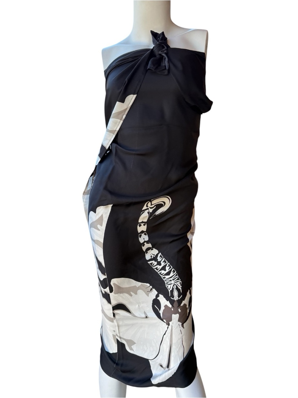 Black White & Beige Scorpion Orchid in a silk twill sarong , scarf, cover up.